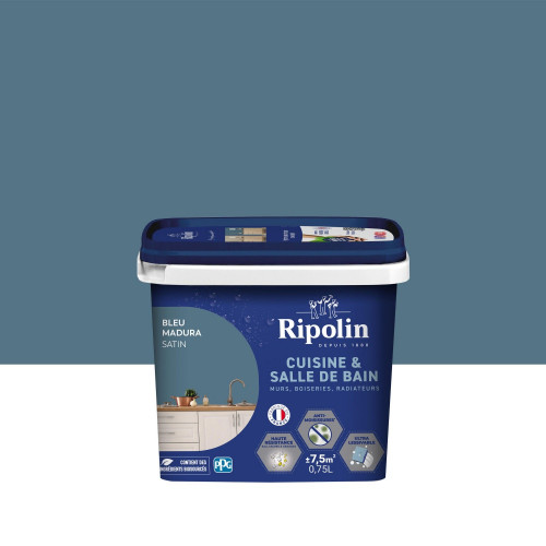 Peinture mur, RIPOLIN cuisine et bain, 0.75 litre, bleu madura satin - RIPOLIN