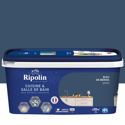 Peinture mur, RIPOLIN cuisine et bain, 2 litres, bleu de bering satin - RIPOLIN