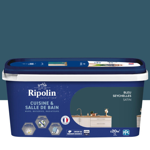 Peinture mur, RIPOLIN cuisine et bain, 2 litres, bleu seychelles satin - RIPOLIN