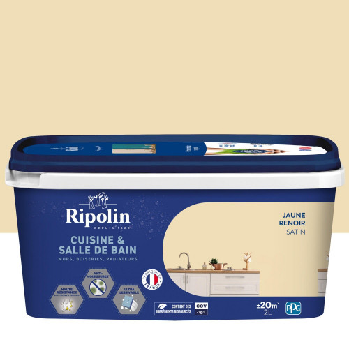 Peinture mur, RIPOLIN cuisine et bain, 2 litres, jaune renoir satin - RIPOLIN