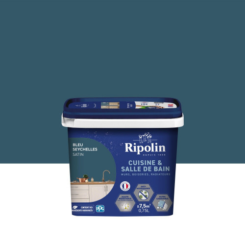 Peinture mur, RIPOLIN cuisine et salle de bain, 0.75 litre, bleu seychelles satin - RIPOLIN