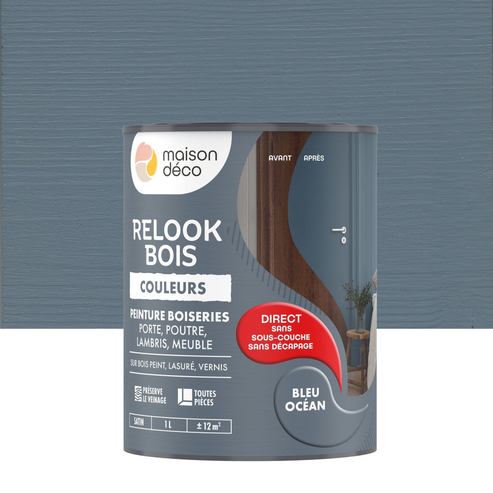 MAISON DECO Peinture Relook bois MAISON DECO, bleu ocean satine, 1 l