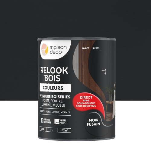 Peinture  Relook bois MAISON DECO, noir fusain satine, 1 l - MAISON DECO