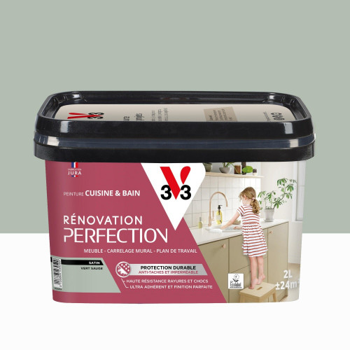 Peinture meuble, V33 Rénovation cuisine et bain, 2l, vert sauge satin - V33