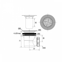 Bonde de douche diam.60 grille diam.85 sortie horizontal D40 - VALENTIN