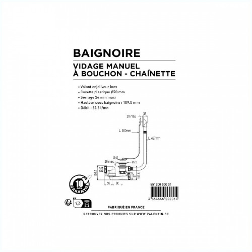 Vidage de baignoire bouchon diam.70 - VALENTIN