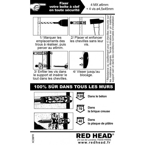 Kit de fixation de 4 chevilles multimatériaux pour boites à clés - Red head