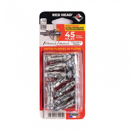 Lot de 10 chevilles Diam. 10 x L.35 mm et vis a expansion RED HEAD, Diam. 6 x L.340 mm - Red head