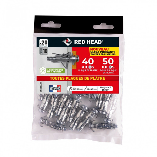 Lot de 20 chevilles  Diam.10 x L.35 mm et vis a expansion RED HEAD, Diam.6 x L.40 mm - Red head