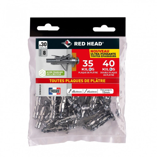 Lot de 30 chevilles Diam.8 x L.35 mm et vis a expansion RED HEAD, Diam.4 x L.40 mm - Red head
