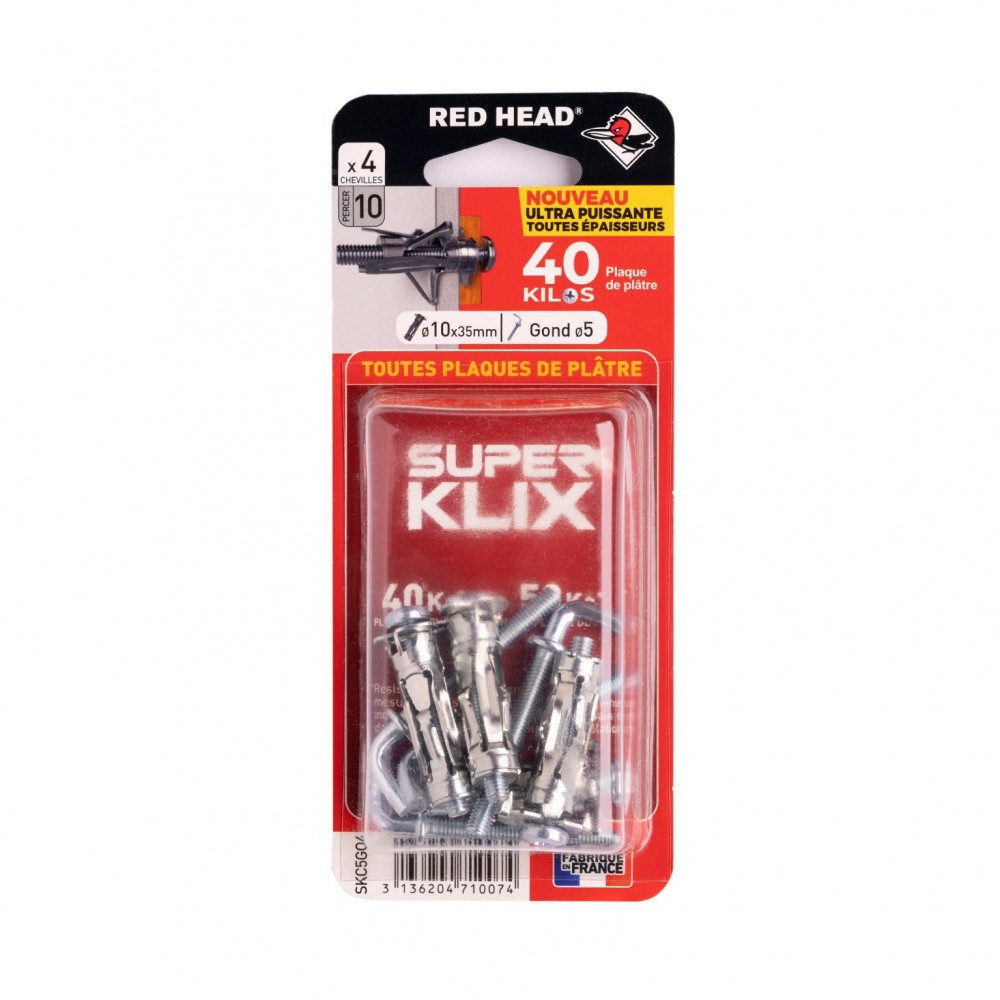 Lot de 4 chevilles Diam.10 x .35 mm et gond HEAD Diam.5mm