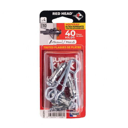 Lot de 4 chevilles Diam.10 x L.35 mm et piton RED HEAD, Diam.5mm - Red head
