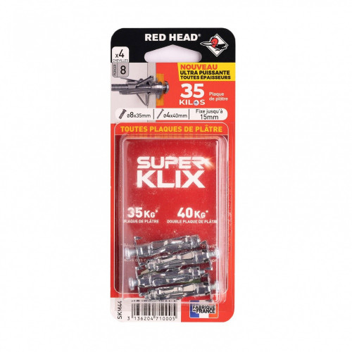 Lot de 4 chevilles Diam.8 x L.35 mm et vis a expansion RED HEAD, Diam.4 x L.40 mm - Red head