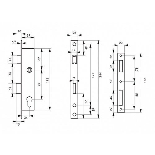 Serrure encastrée à cylindre, THIRARD, axe 24 mm, entraxe 92 mm, carré 8 - THIRARD