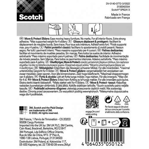 Lot de 4 patins de pied de meuble en polypropylène adhésif SCOTCH l.19 x 70 mm - SCOTCH