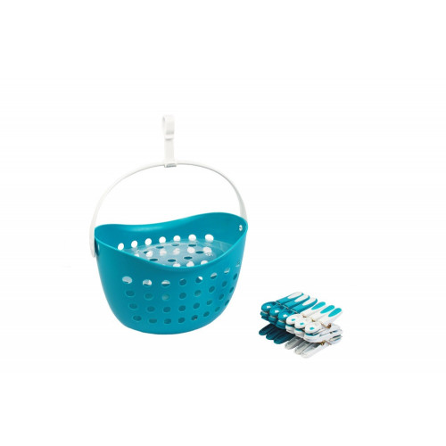Lot de 12 pinces à linge fleur et son panier en polypropylène, H.14 X P.17 cm bleu - Sans marque