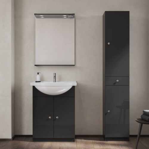 Meuble sous-vasque et miroir led GALICE 4, 2 portes, l.60 x H.77.4 x P.45 cm, gris - ROYO