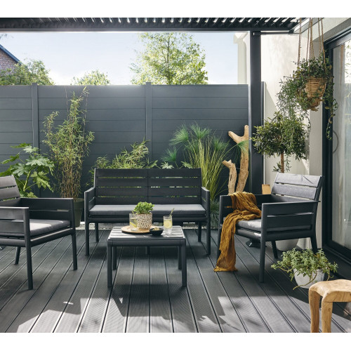 Salon bas de jardin PANKA anthracite resine recyclee, 4 personnes - GRAND SOLEIL