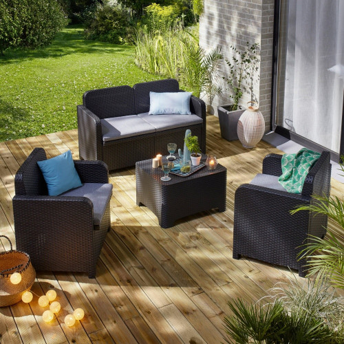 Salon bas de jardin, plastique recyclé, SORRENTO Anthracite, 4 personnes - GRAND SOLEIL