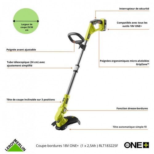 Coupe-bordures sur batterie, OLT1832 RYOBI 18V, sans batterie + 2 bobines, l.30 cm - RYOBI