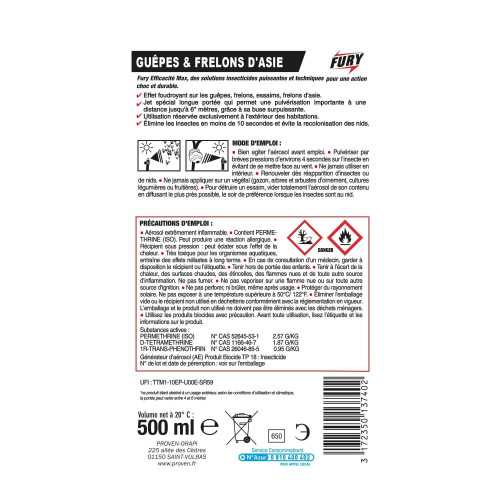 Insecticide pour guêpes et frelons, FURY, 0,5L - FURY