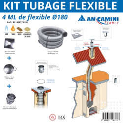 Kit tubage flexible inox Ø180 – 4 mètres – avec plaque de finition, chapeau chinois et raccord - An Camini France