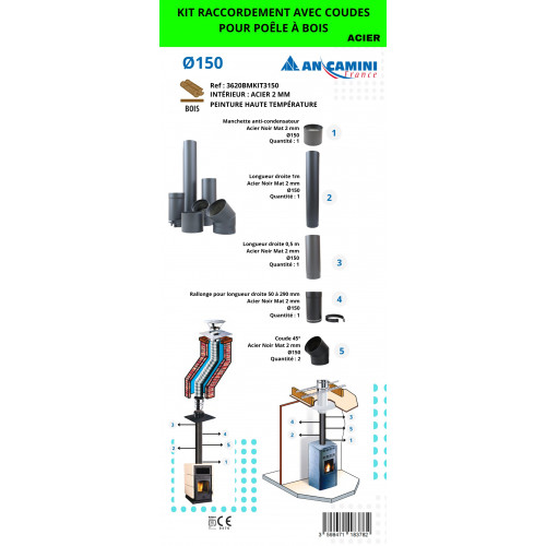 Kit de raccordement avec coudes pour poêle à bois – acier noir 2 mm Ø150 – avec manchette, longueurs droites, rallonge ajustable - An Camini France