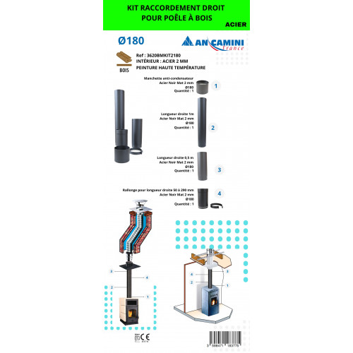Kit de raccordement droit pour poêle à bois – acier noir 2 mm Ø180 – avec manchette, longueurs droites et rallonge ajustable - An Camini France