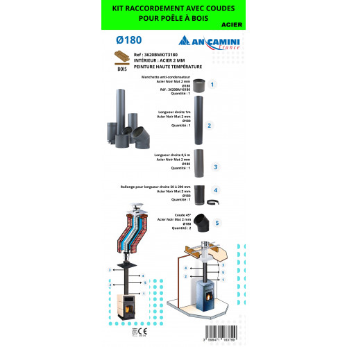 Kit de raccordement avec coudes pour poêle à bois – acier noir 2 mm Ø180 – avec manchette, longueurs droites, rallonge ajustable - An Camini France