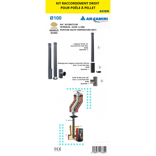 Kit raccordement droit pour poêle à pellets – acier noir 1,2mm Ø100 – avec longueurs droites, rallonge ajustable, té 90° - An Camini France