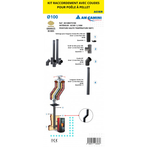 Kit raccordement avec coudes pour poêle à pellets – acier noir 1,2 mm Ø100 - An Camini France