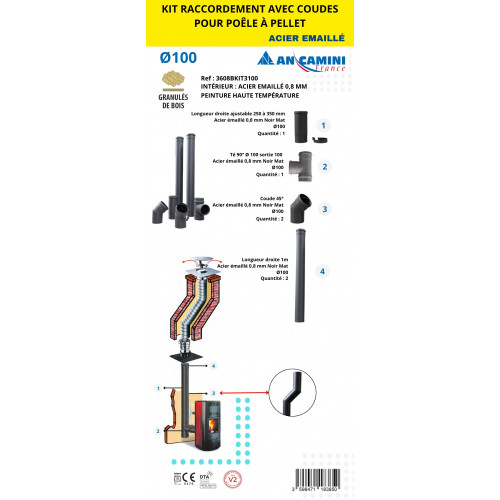 Kit de raccordement avec coudes pour poêle à pellets – acier émaillé noir 0,8 mm Ø100 – avec longueurs droites, coudes 45° et té - An Camini France