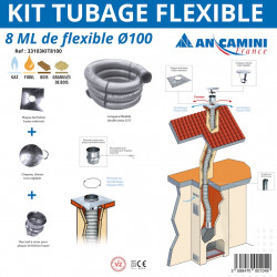 Kit tubage flexible Ø100 – 8 mètres – double peau inox – avec plaque de finition, chapeau chinois et raccord - An Camini France