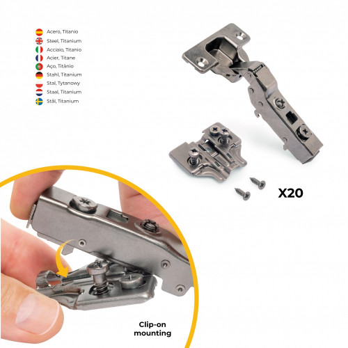 Lot de 20 charnières coudées X91 avec fermeture amortie et embases Euro -  hauteur 0 -  nickelé -  titane - EMUCA