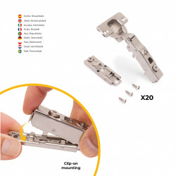 Lot de 20 charnières droites X91 à fermeture amortie avec embases droite à visser - Hauteur 1 - Acier - Nickelé - EMUCA