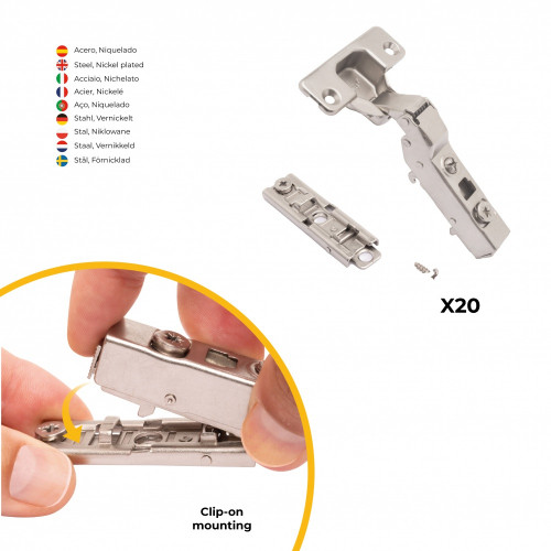 Lot de 20 charnières coudées X91 à fermeture amortie avec embases droite à visser -  Hauteur 1 -  Acier -  Nickelé - EMUCA