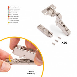 Lot de 20 charnières super coudées X91 à fermeture amortie avec embases droite à visser - Hauteur 1 - Acier - Nickelé - EMUCA