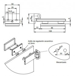 Charnière pour porte en verre avec garniture en acier inoxydable - charnière horizontale avec embout de 34mm - pour porte de 8 - EMUCA