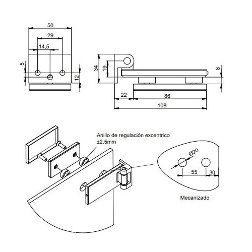 Charnière pour porte en verre avec garniture en acier inoxydable -  charnière horizontale avec embout de 34mm -  pour porte de 8 - EMUCA