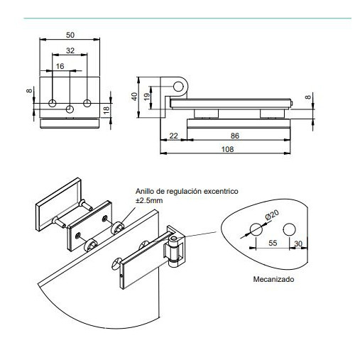 Charnière pour porte en verre avec garniture -  charnière horizontale avec embout de 40mm -  pour porte de 8-12mm -  aluminium e - EMUCA