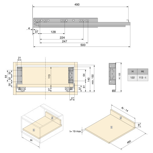 Tiroir extérieur Simplex 25kg hauteur 122mm -  profondeur 490mm -  acier -  peint en blanc - EMUCA