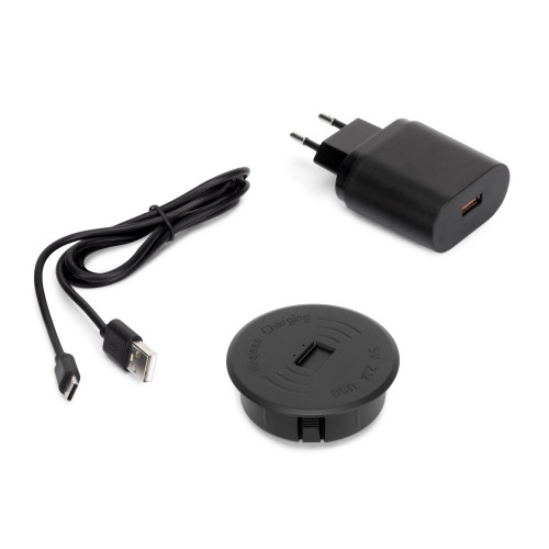 Chargeur de surface sans fil pour mobile Airtop 2 avec USB-A -  Ø60mm -  5V DC / 2.1A (USB-10W/Qi-10W) -  Plastique noir -  Plas - EMUCA