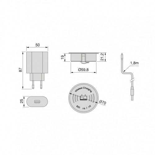 Chargeur de surface sans fil pour mobile Airtop 2 avec USB-A -  Ø60mm -  5V DC / 2.1A (USB-10W/Qi-10W) -  Plastique noir -  Plas - EMUCA