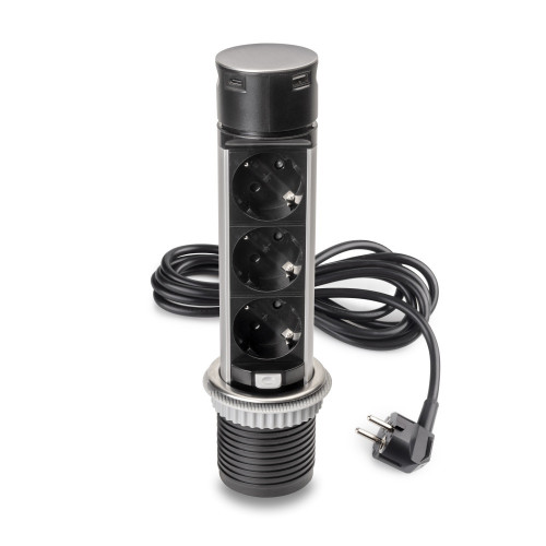 Multiconnecteur Vertikal Push 60 -  diamètre 60 mm -  3 prises de type Schuko -  1 USB de type A -  1 USB de type C -  Acier et  - EMUCA