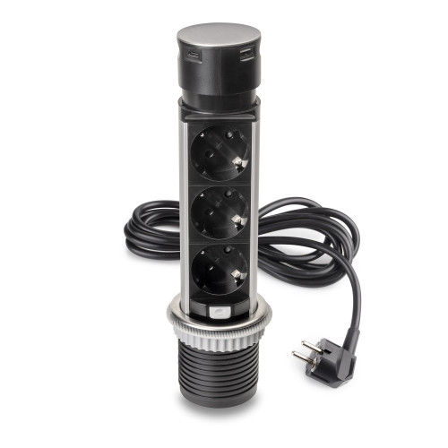 Multiconnecteur Vertikal Push 60 -  diamètre 60 mm -  3 prises de type Schuko -  1 USB de type A -  1 USB de type C -  Acier et  - EMUCA