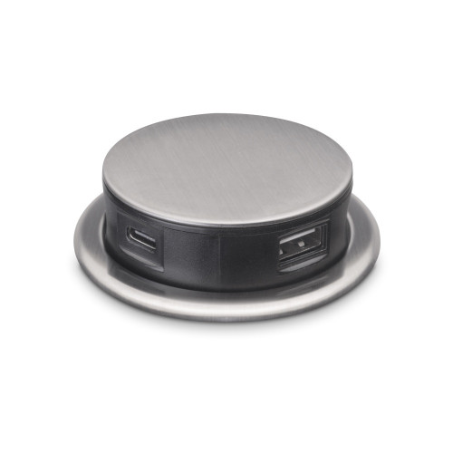 Multiconnecteur Vertikal Push 60 -  diamètre 60 mm -  3 prises de type Schuko -  1 USB de type A -  1 USB de type C -  Acier et  - EMUCA