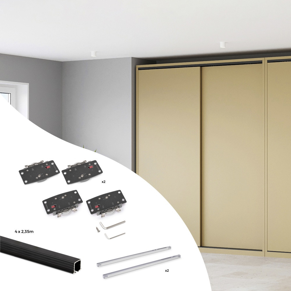 Kit de ferrures pour Flow2 2 portes coulissantes et à fermeture souple avec rails encastrés 2 - 35m -  panneaux non inclus -  Pe