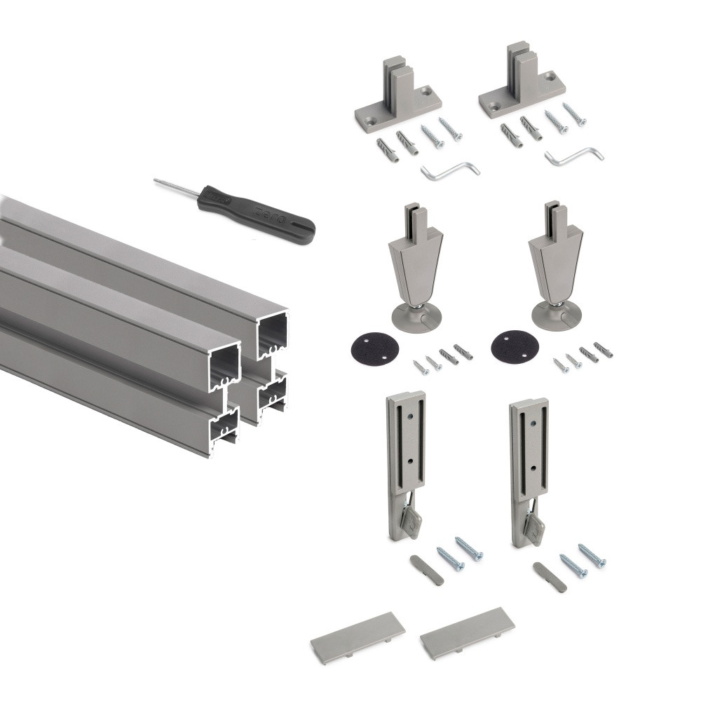Emuca Lot de 2 cadres Zero avec quincaillerie et profilés pour montage au sol et au mur avec vérin circulaire - Aluminium et Zamak Gris - vue 2