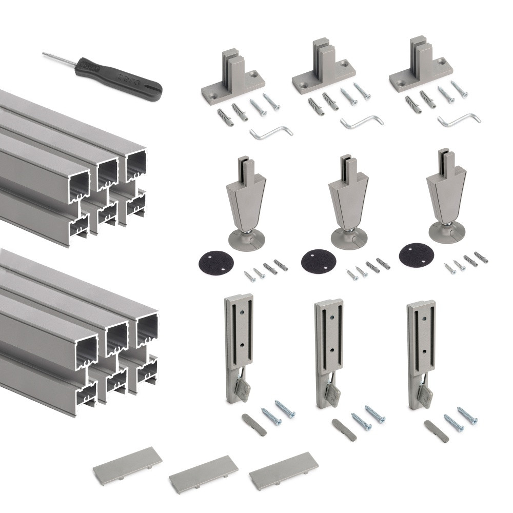 Lot de 3 cadres Zero avec quincaillerie et profilés pour montage au sol et au mur avec vérin circulaire -  Aluminium et Zamak -