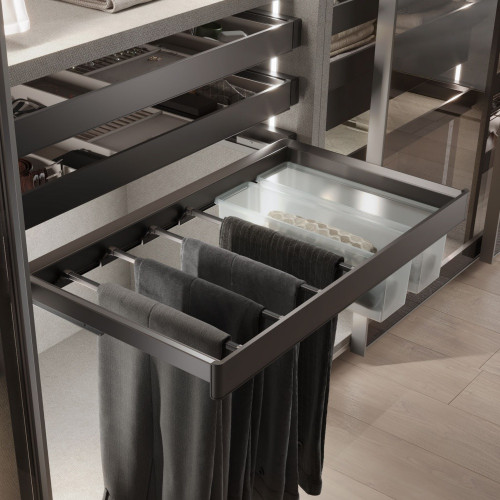 Kit de porte-pantalon à 7tringles -  panier et rack ajustable Quartz pour armoires -  glissières extension totale et à fermeture - EMUCA